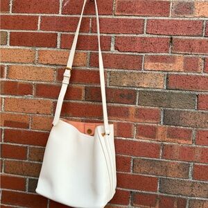 Cream Faux Leather Bucket Crossbody Bag with Peach Interior & Pouch